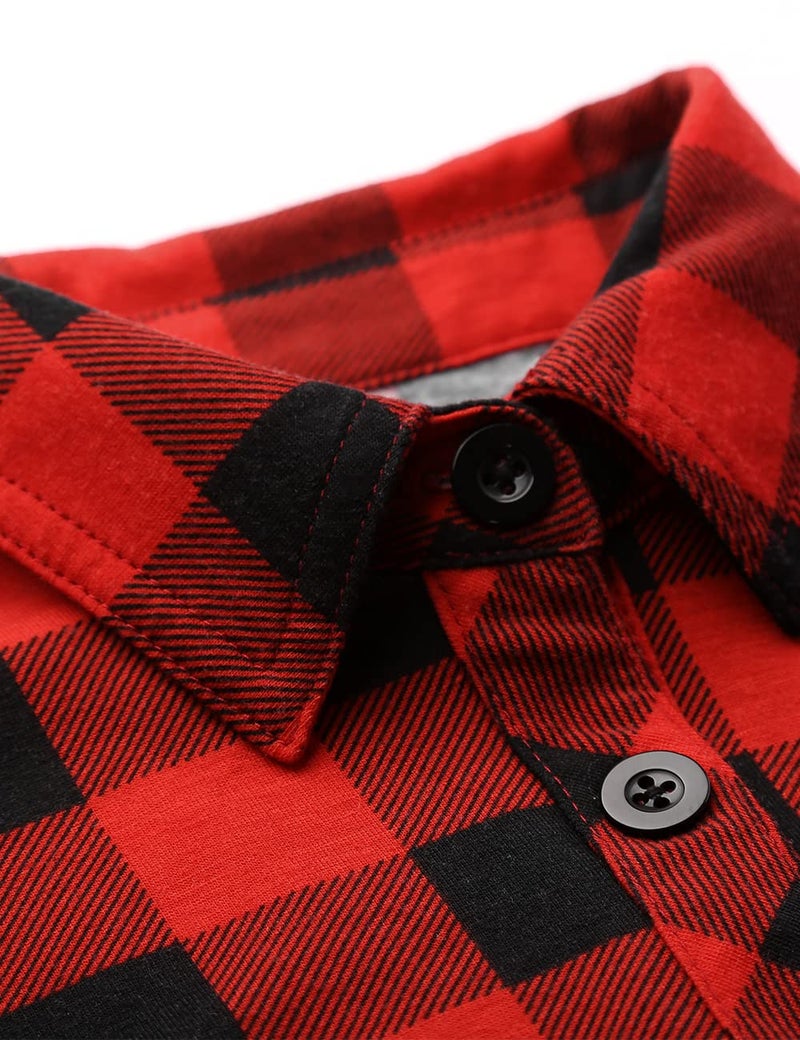 DJT Womens Soft Stretchy Knit Plaid Shirts Roll Up Long Sleeve Collared Button Down Blouses Tops Large Red Plaid - Image 4